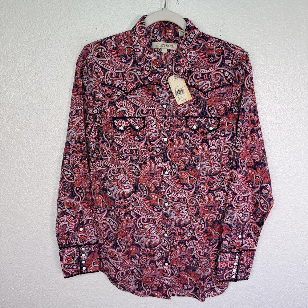 Stetson Shirt Womens Large Paisley Snap Western Button Up Cotton Long Sleeve Top
